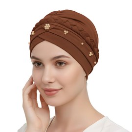 Gorra de turbante para mujeres africanas trenzadas con cuentas trenzadas para la cabeza de quimioterapia preatada para sombreros de cáncer, Coffee, Talla única