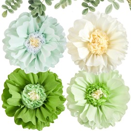 SUNBEAUTY 4 PCS 20" Green Paper Fans Decorations Paper Flowers Tissue Hanging Flowers Backdrop Orange Pink Party Decor Hanging for Birthdays Weddings Baby Shower Spring Tea Party Table Decoration