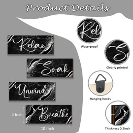 ONIZHITY 4 Pcs Black And Silver Bathroom Decor Wall Signs Relax Soak Unwind Breathe Wooden Rustic Marble Style Bathroom Accessories for Bedroom Living Room Kitchen Decoration(Black Silver 10X4")