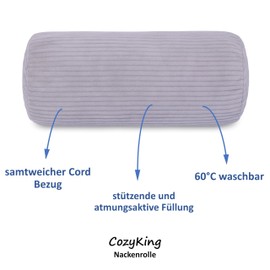 Neck Bolster Corduroy Silver / Light Grey Neck Pillow Oeko-Tex 100 Certified and Washable at 40°C - Neck Support Pillow with Cover for Car, Plane, Travel or for Reading and Relaxing at Home - 15 x 40