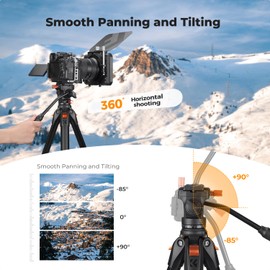 K&F CONCEPT 73” Camera Tripod with Fluid Head, Aluminum Travel Tripod for Video, Smooth Pan/Tilt for DSLR Mirrorless Camcorder, Max Load 6.6lb, for Live Streaming Vlog & Spotting Scope