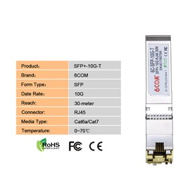 6COM 10G SFP+ RJ45 Copper Transceiver, 10GBase-T Module Cat6a/7, for Juniper QFX-SFP-10GE-T EX-SFP-10GE-T SRX-SFP-10GE-T, Other Open Switches, up to 30m
