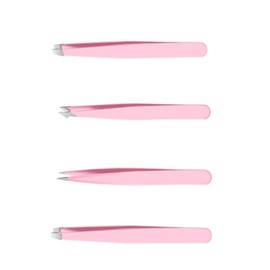 Tweezers Set 4-piece, Professional Stainless Steel Tweezers, professional stainless steel tweezers for eyebrow trimming, blackhead trimming (PINK)