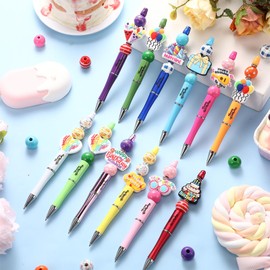 Geyee 12 Set Beadable Pens Assorted Bead Pens Wood Crystal Round Spacer Set Black Ink DIY Ballpoint for Women Men Gift Office Supplies(Rainbow,Birthday)