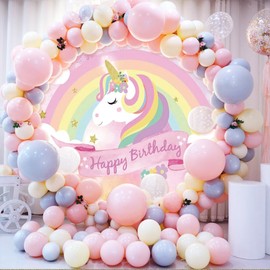 Laeacco 6.5x6.5ft Unicorn Birthday Round Backdrop for Girls Pink Rainbow Cloud Circle Backdrop Cover Golden Glitter Stars Photography Background for Kids Princess Birthday Party Portrait Booth Props