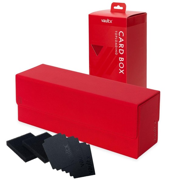 Vault X Exo-Tec Card Box 450+ Storage with Detachable Magnetic Lid, Dividers & Foam Fillers to Organize Deck Boxes, Toploaders, TCG/CCG & Sports Cards (Red)