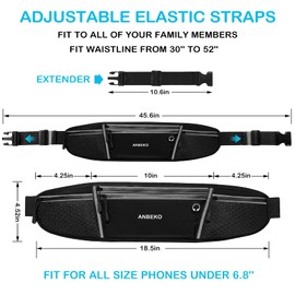 ANBEKO Running belt for Men Women with Extender Large Capacity Runner Waist Pack with 4 PocketsHiking Travel Camp Running Workout Belt BagReflective No Bounce Waist BagEasy Carry Large Phones black