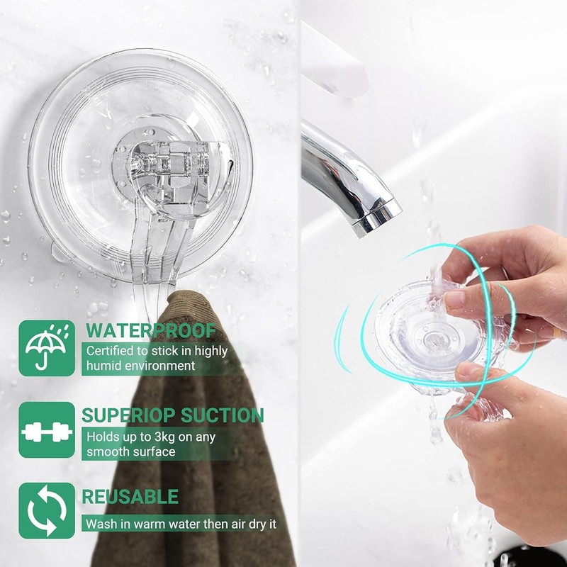 GlobaLink Bathroom Suction Hooks - 6 Pack Reusable Sucker Hooks