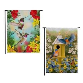 2 PCS Welcome Spring Garden Flag, bird, Butterfly Garden Flag Double Sided, Burlap Spring Summer Garden Flag for Spring Outdoor Home Decor, Garden Decor(12x18 Inch)