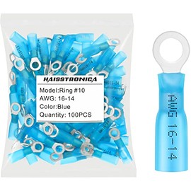 haisstronica 100 conectores de anillo termorretráctiles de grado marino azul #10, calibre 16-14, conectores de terminales de anillo de cobre rojo estañado de 0.7 mm, terminales de alambre de crimpado eléctrico con aislamiento de costuras soldadas