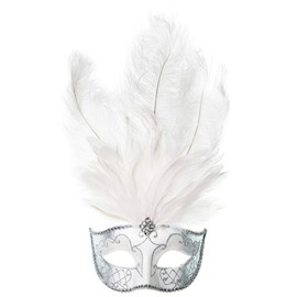 ILOVEMASKS Venetian Masquerade Ostrich Tall Feather Glitter Party Mask (Silver White)