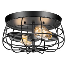 Lomoky 2-Light Farmhouse Ceiling Light Fixtures Flush Mount, Industrial Hallway Ceiling Light, Vintage Black Metal Cage Ceiling Lamp for Living Room, Kitchen, Bedroom, UL Listed