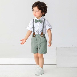 Conjuntos de pantalones cortos para caballero para bebés y niños, trajes de bebé, camisa, pantalones cortos, pajarita y tirantes, Blanco y verde claro., 3-6 Meses