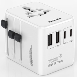 Hichain Worldwide Travel Adapter, 70 W International Socket Adapter, Travel Plug with 2 USB-A and 2 USB-C Fast Charging Ports, Universal Adapter for Europe, USA, UK, Japan, Travel Adapter, White