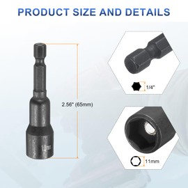 HARFINGTON 2pcs Magnetic Nut Driver 11mm Hex Drive Socket CR-V Steel Power Screw Drill Bits Socket Wrench Tools with 1/4" Quick Change Hex Shank for Power Drills Impact Drivers, Black