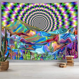 DYNH Psychedelic Mountain Cactus Tapestry - Mystic Surreal Abstract Colorful Landscape - Trippy Hippie Boho Wall Hanging for Bedroom Dorm,40X30IN