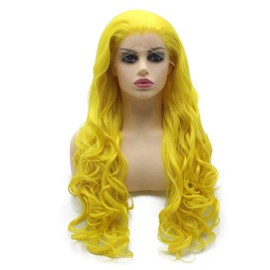 Aurssa Long Wavy Hand Tied Lace Front Yellow Cosplay Party Wig