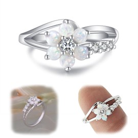 LARDROK Exquisite Round Cut White Created-Opal Stone Flower Created Opal Rings Women Jewelry Birthday Proposal Gift Bridal Engagement Party Band Rings