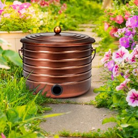 FillTouch Garden Hose Pot with Lid and Handle, Matte Brass Ribbed Steel Garden Hose Holder Water Hose Storage Container for Outside Backyard Patio, Holds 100ft Hose