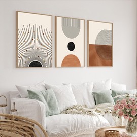 Houmury Framed Set of 3 Boho Wall Art, Mid Century Modern Boho Wall decor, Green, Black Rainbow Neutral Modern Wall Art for Living Room Bedroom (Orange with brown frame, 12X16)