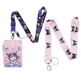 Kitty Kumi Cute Badge Card Holder with Lanyard, ID Credit Card Holder Purse Pouch with Lanyard Card Case Neck Pouch Wallet, Durable Card Holder with Snaps for Students Teens