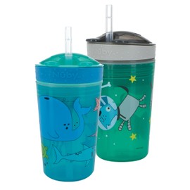 NUBY All in One Snack Bowl and No Spill Soft Straw Cup - 2 Pack Aqua Ocean Animals & Green Puppy Dogs - Snack N' Sip, Holds: 4.5 oz Snack Container with Lid and 9 oz/ 270 ml Straw Cup (12 Months +)