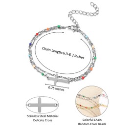 Zysta Dainty Cross Bracelet with Colourful Beads Double Layered 14k Gold Silver Plated Crucifix Chain Link Bracelets Communion Confirmation for Women (Silver)