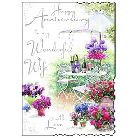 Wife On Our Wedding Anniversary Card - Floral Garden Scene with Champagne - Silver Foil, Flitter & Die Cut Edge - Made in England