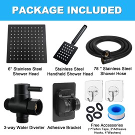 High Pressure Rain 6'' Square Shower Head Combo, Equipped with all Metal Hand Shower, 78" Extra Long Hose, 3-Way Diverter, Adhesive Shower Head Holder (WOSAISIUS Black Shower Head Set)