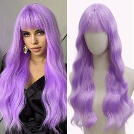 EVLYNN Long Natural Purple Wigs for White Women Light Purple Body Wave Wig with Bangs Heat Resistant Synthetic Water Wave Curtain Bang Wig Glueless Curly Wigs for Women Daily Party Cosplay Use 24Inch