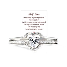 HNLUGF I Choose Me Layered Heart Rings for Woman, 2PCS S925 Self-Love Heart Ring Remind You That Self-Love Is The Best Kind Of Love, Inspirational Encouraged Ring Jewelry Gift for Her (Silver, 7)