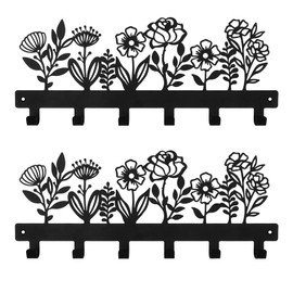2 PCS Wall Mounted Metal Towel Rack with 6 Hooks Black Metal Towel Holder for Bathroom Space Saving, Waterproof Rustproof Easy Install Bathroom Decor(Flower)
