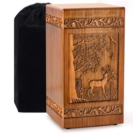Handmade Wooden Urn for Human Ashes, Urns for Adults Male Female 250 lbs, Engraved Burial Cremation Urns for Ashes Men Women(Deer)