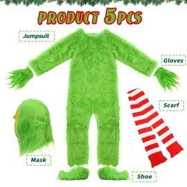 nezababy Christmas Costume Green Onesie Christmas Costume for Adults Monster Mask Santa Costume Cosplay Men Christmas Gifts (5 Pieces Santa Claus Costume, Small)