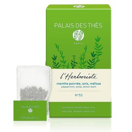 Palais des Thés - Organic L'Herboriste N°52 - Premium Gourmet Herbal Tea with Anise, Peppermint, and Lemon Balm - 20 Count Biodegradable Cotton Tea Bags Box