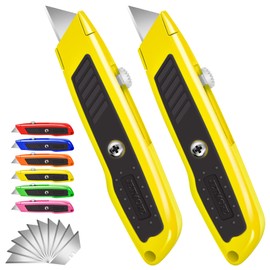 Jetmore 2 Pack Box Cutter, Heavy Duty Retractable Utility Knife with 10 Extra SK5 Blades, Assorted Color Razor Knife for Cardboard, Boxes, and Rope