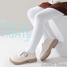 Coziwill Toddler Stockings - Seamless Soft Cotton Cable Knit Baby Girl Tights Leggings 4-6 Years 3 Pack (Black+Grey+White, S)