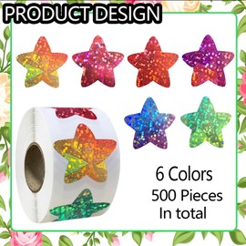 500Pcs Dazzling Star Stickers Roll 1in Glitter Vinyl Stickers for Kids Scrapbook Label Tag Self-Adhesive Classroom Reward Waterproof Decals for Christmas Journal Envelopes Decorations