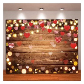 Valentine's Day Photography Backdrop Love Heart Sweet Lover Brown Wooden Wall Photo Background for Mothers Day Baby Shower Birthday Party Decorations Supplies 7x5ft