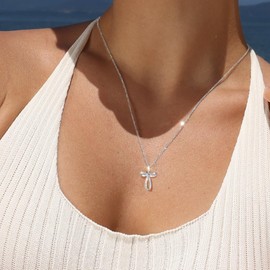 KRKC&CO Women's Cross Necklace, Moissanite Cross Pendant Necklace, 925 Silver, Hypoallergenic Metal, Ribbon Motif, Chain Included, Adjustable Length, Gift Box Included, Popular Gift for Women