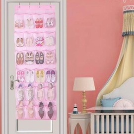 MISSLO Kids Over Door Hanging Shoe Storage Breathable 24 Large Mesh Pockets for Toddlers Girls Pink