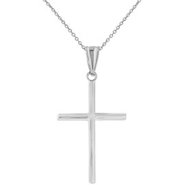 Jewelry America High Polished 14K White Gold Plain Slender Cross Pendant with Chain Necklace, 16"