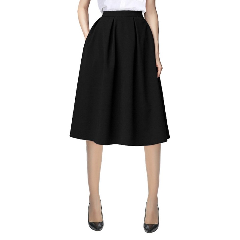 Urban GoCo Women's A-Line Pleated Flared Midi Skirt - Black