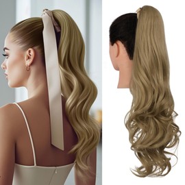 Qunlinta Ponytail Extension, Curly Pony Tails Hair Extensions Clip Ins Wrap Around Band Hair Pieces for Women Synthetic Soft Fake Ponytails Ash Blonde