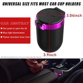Dickno Car Ashtray with Lid, Detachable Stainless Smokeless Auto Ashtray, Portable Mini Vehicle Trash Can with LED Blue Light, Universal Interior Accessories for Cup Holder (Purple)