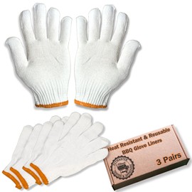 BBQ Grill Heat Resistant Cotton Glove Liners - 3 Pairs Thick Knit Barbeque Hand Liners for use with Disposable Nitrile Gloves (Orange)