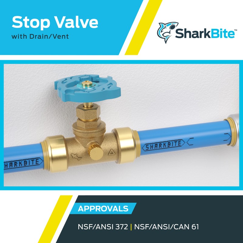 SharkBite 1/2 Inch Stop Valve with Drain and Vent, Push