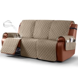 Ruaozz Waterproof Recliner Couch Covers 1-Piece Sofa Covers Washable Recliner Covers Non-Slip Furniture Protector with Elastic Straps Pocket for Kids, Pets (Khaki, 3 Seater)