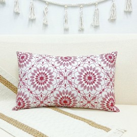 Slow Cow Linen Embroidery Decorative Lumbar Throw Pillow Cover Rectangular Pillowcase Cushion Cover for Bed Couch Sofa 12 x 20 Inches Red