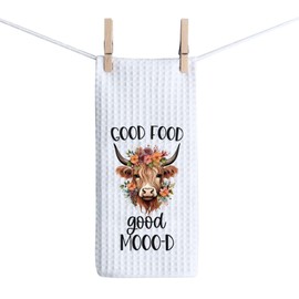 BAUNA Highland Cow Kitchen Towel Good Food Good Mooo-d Dishes Towel Scottish Highland Cow Gift Animal Farm Kitchen Decor (Mooo-d Towel)